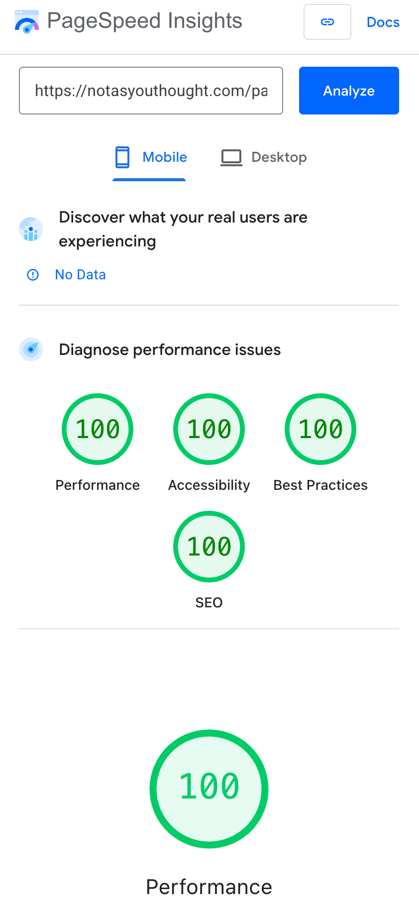 Ashford & Grey PageSpeed Score - 100/100/100/100