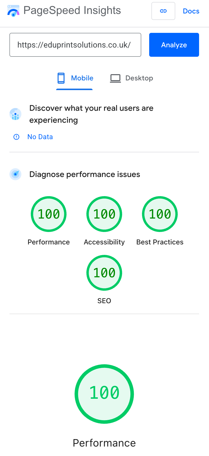 Eduprint Solutions PageSpeed Score - 100/100/100/100